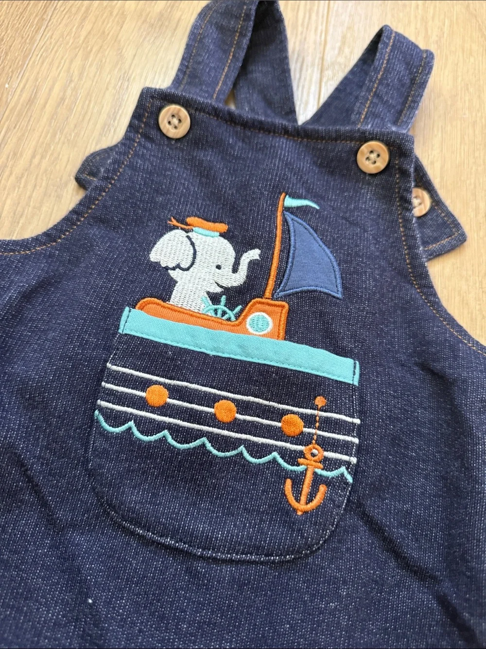 Pekkle Navy Baby Overalls Romper with Boat & Elephant Embroidery 18 Months
